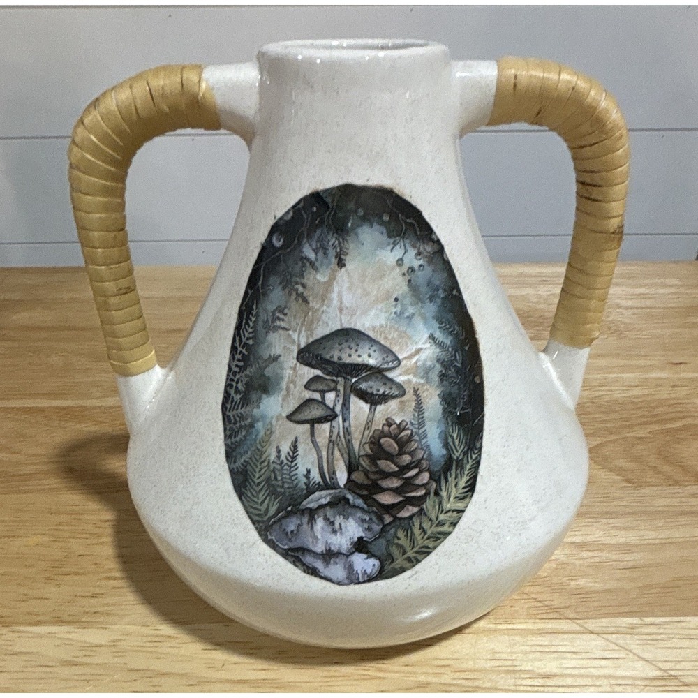 Ashland White Ceramic Mushroom Fairy Decorative Double Handle Pitcher/Vase